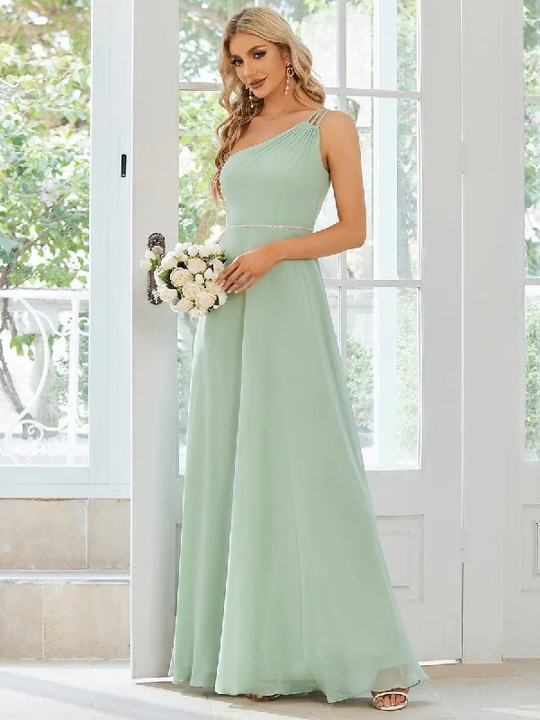 Flowy Chiffon One-Shoulder with Three Straps Bridesmaid Dress Casual Elegance