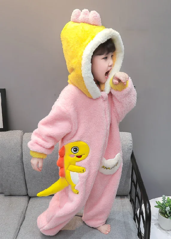 Cute Pink Hooded Zippered Patchwork Fluffy Kids Jumpsuit Long Sleeve Chic Allure