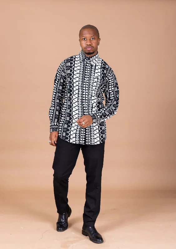 Amos Ankara Men Long-sleeved  Shirt | Black and White African Tribal Print Fashionista Favorites