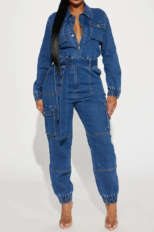 Solid Color Denim Boyish Multi Pocket Belted Jumpsuit Unbeatable Deals