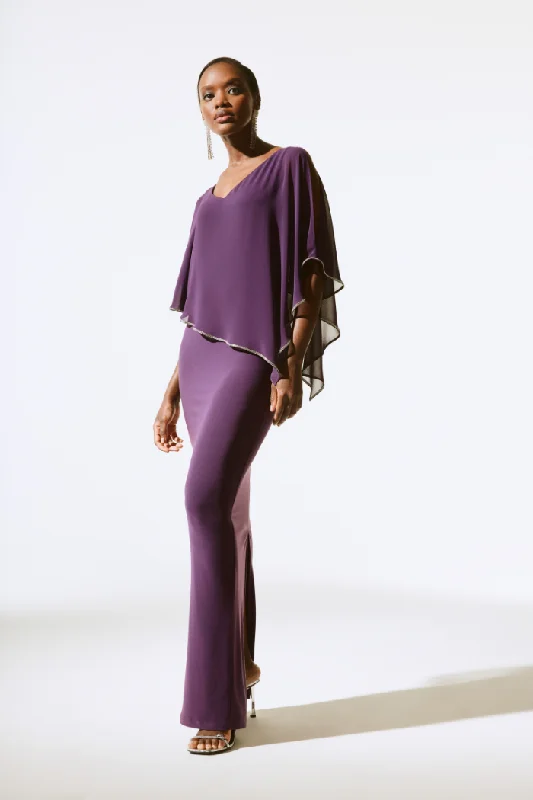 Silky Knit Chiffon Layered Gown with Cape Flowing Silhouette