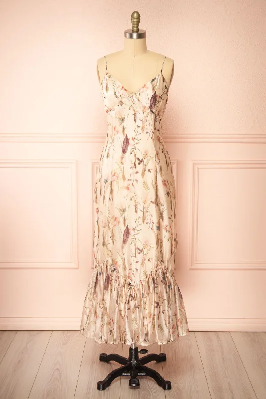 Ipiu | Beige Floral Chiffon Midi Dress Effortless Style