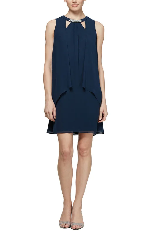 Short Chiffon Cocktail Dress with Cutout Neckline and Pearl Trim Detail Essentials On Sale