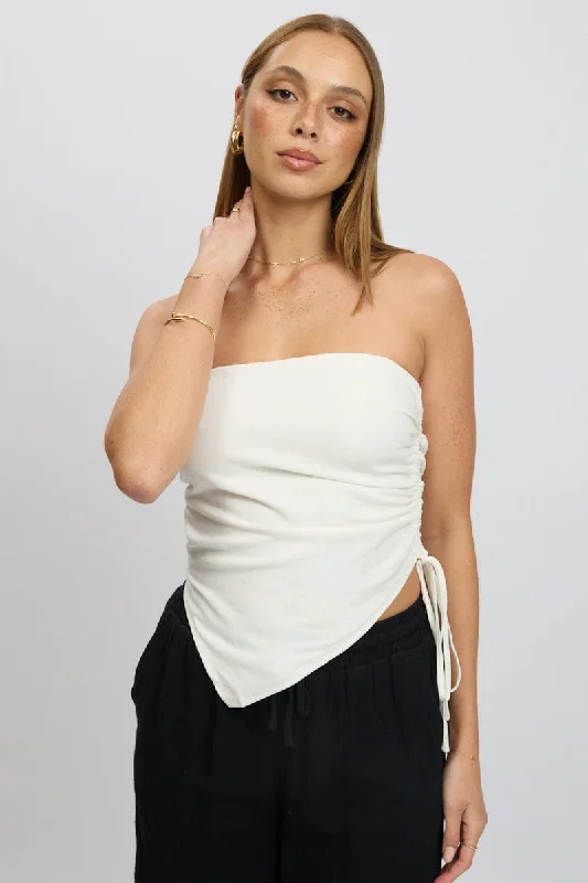 White Tube Top Side Ruched Linen Blend Bold Silhouette