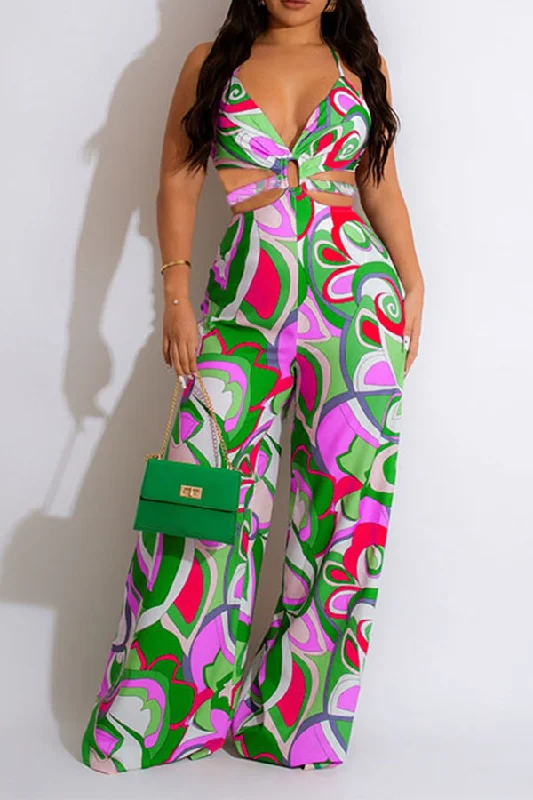 Tribal Floral Print Colorful Cutout Waist Jumpsuit Style Redefined