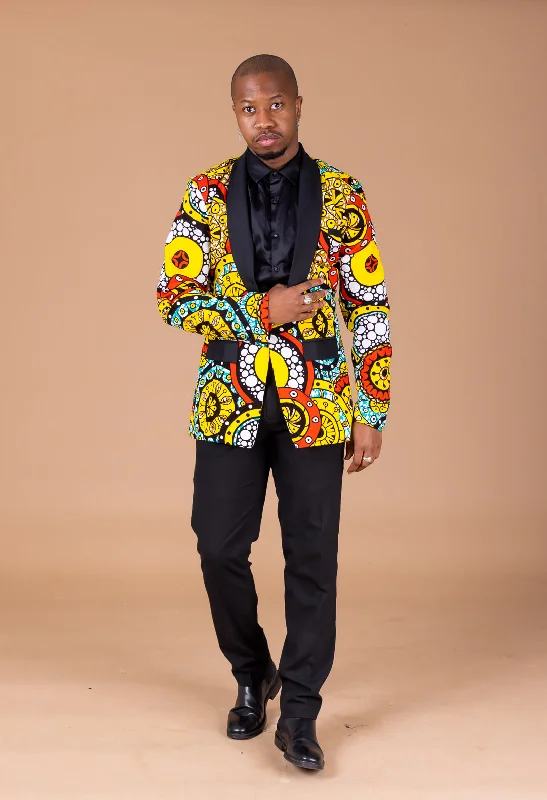 Sarki Ankara Men Blazer | Yellow and White Multicolored African Print Effortless Comfort