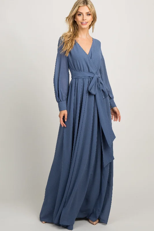 Blue Chiffon Long Sleeve Pleated Maxi Dress Casual Chic