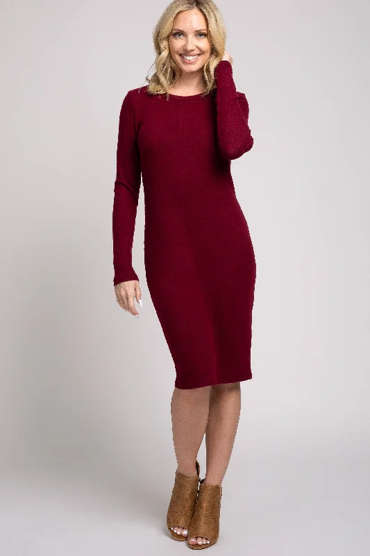 Burgundy Knit Long Sleeve Sweater Dress Limited Time Offer