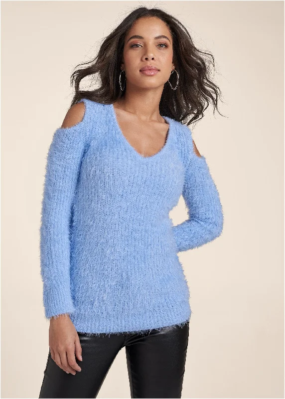 Cutout Eyelash Sweater - Light Blue Essentials On Sale