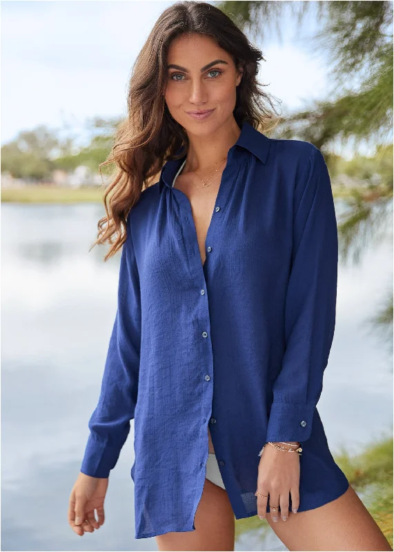 Button Down Cover-Up Shirt - Navy Classic Timeless Elegant Style