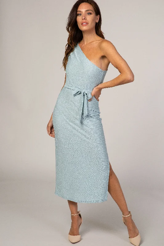 Light Blue One Shoulder Fitted Midi Dress End Of Season Sale