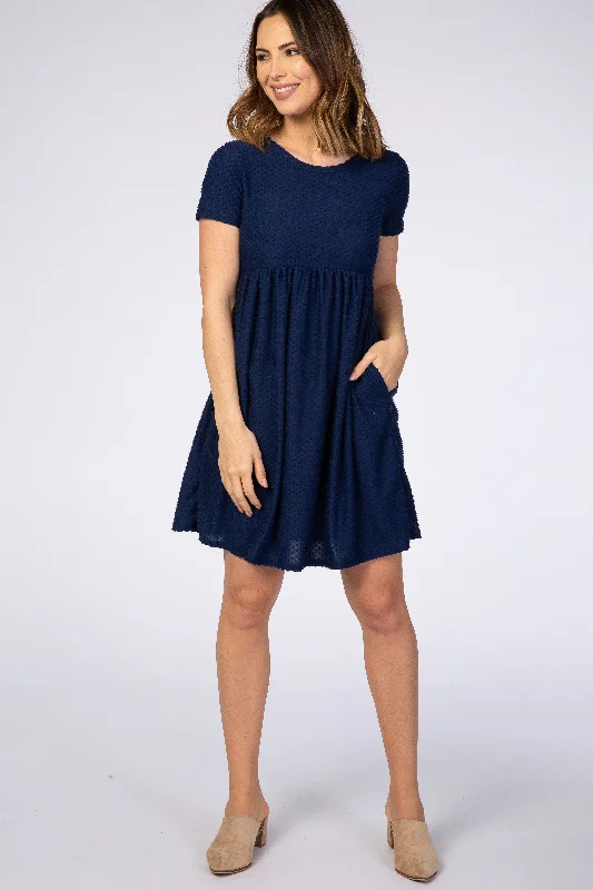 Navy Swiss Dot Short Sleeve Dress Chic Outfits