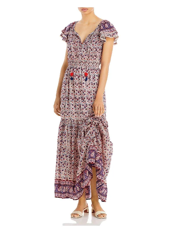 Womens Floral Tie Neck Maxi Dress Holiday Attire Sale