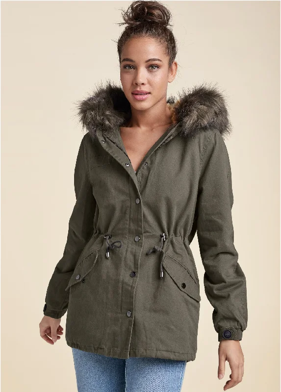 Cargo Jacket With Faux Fur Hood - Olive Fashion Forward Style