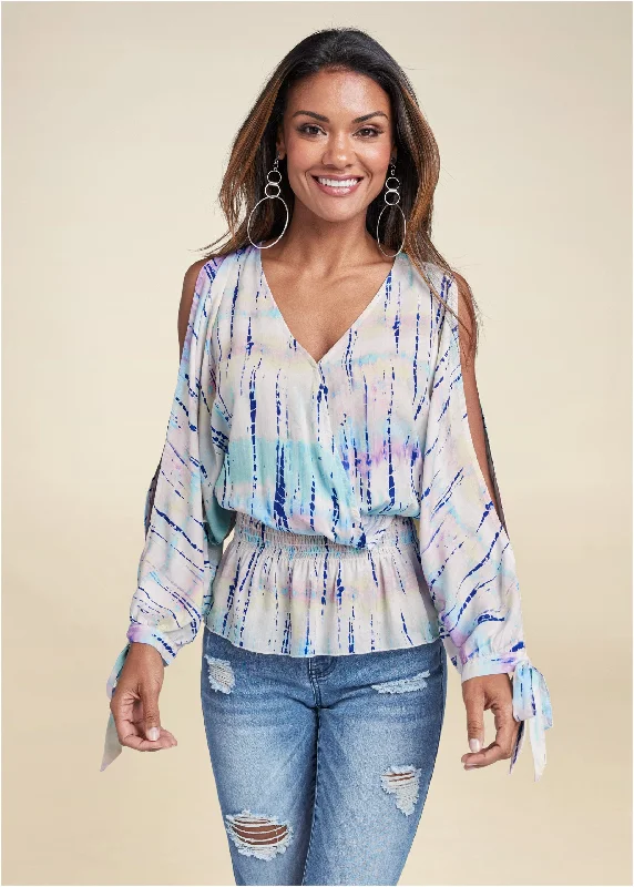 Tie Dye Cold-Shoulder Top - Cream Multi Unbeatable Prices