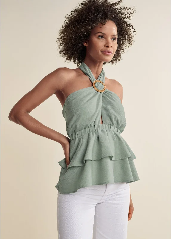 Ring Trim Tiered Halter Top - Light Green Casual Fashion