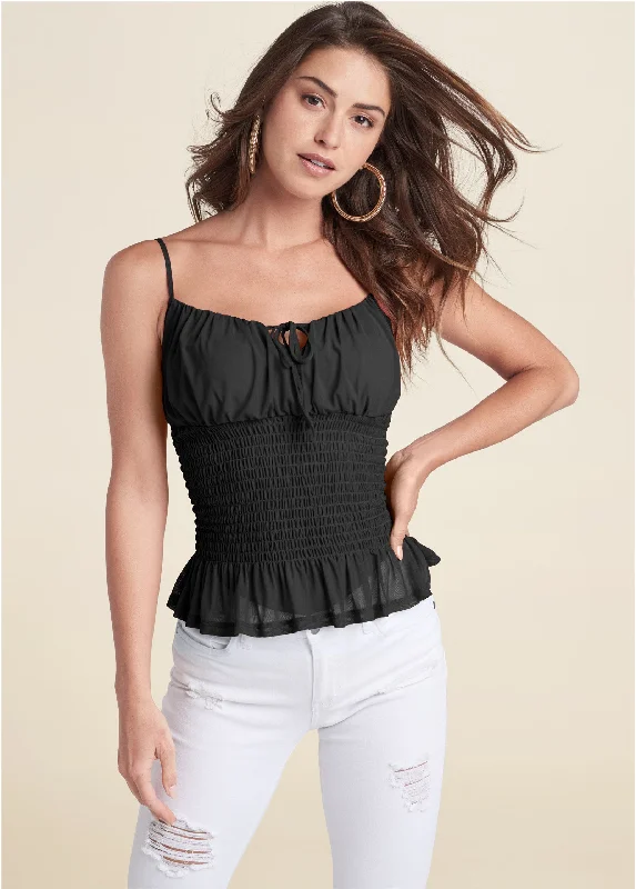 Smocked Mesh Top - Black Evening Looks