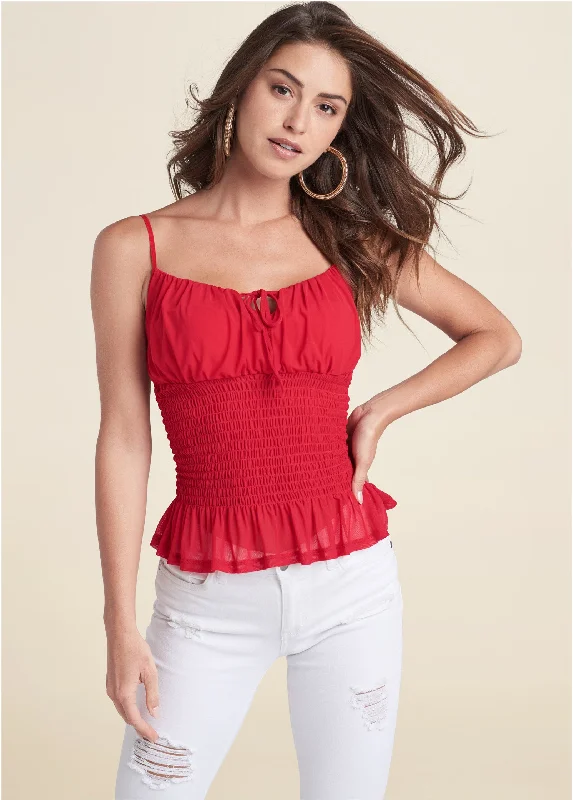 Smocked Mesh Top - Red Trendy Women's Wear