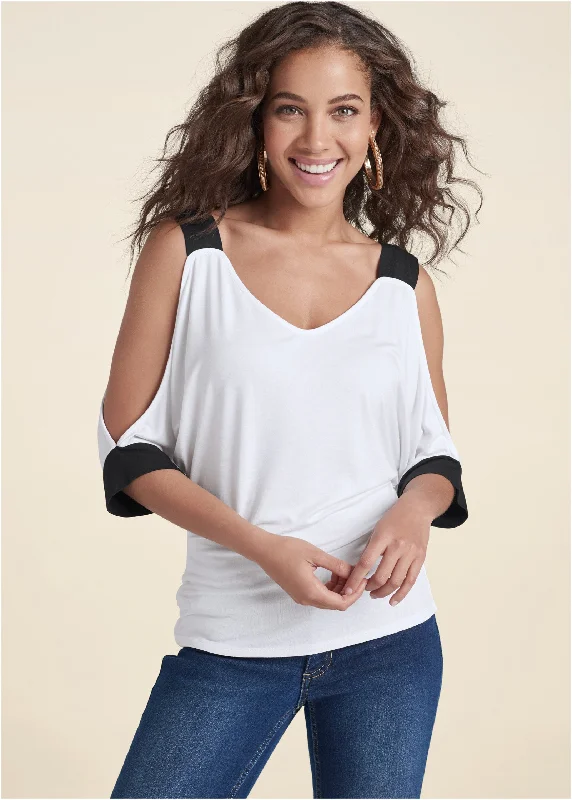 Cold Sholder Color Block Top - White & Black Evening Looks