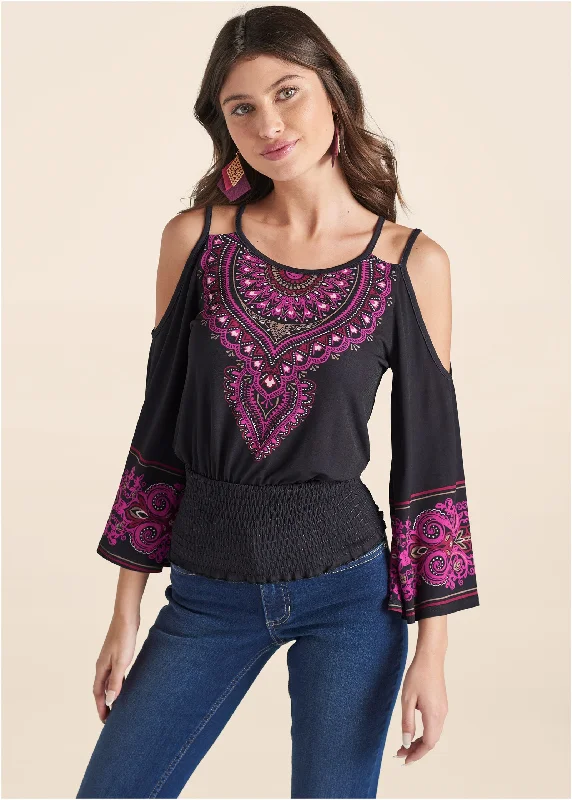 Moroccan Paisley Top - Black & Fuchsia Trendy Fashion for Women