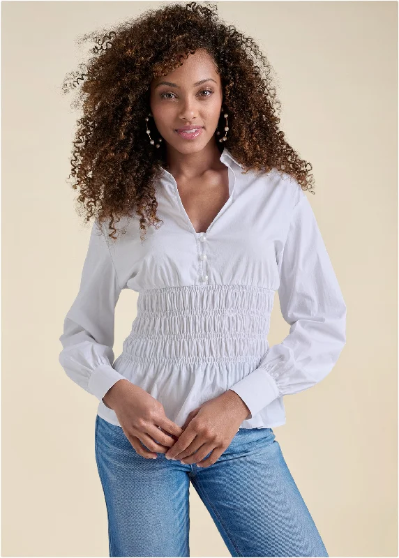 Smocked Waist Peplum Blouse - White Quick Grab Deals