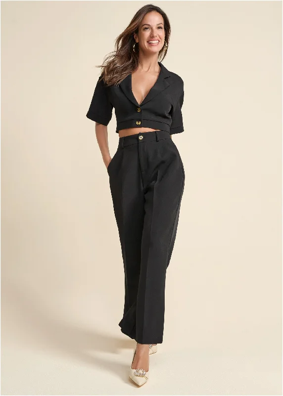 Flare Leg Suiting Set - Black Trendy Women's Wear