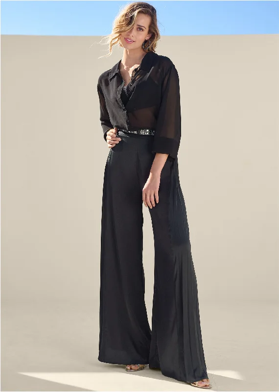 Side Pleat Wide Leg Pants - Black Versatile Wardrobe Essentials