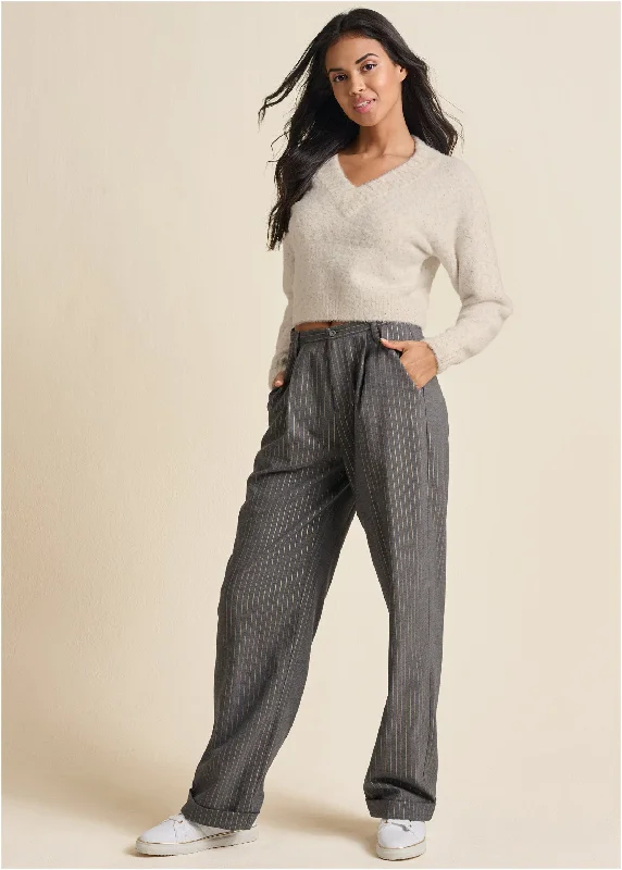 Stripe Wide Leg Trousers - Grey & Gold Feminine Charm