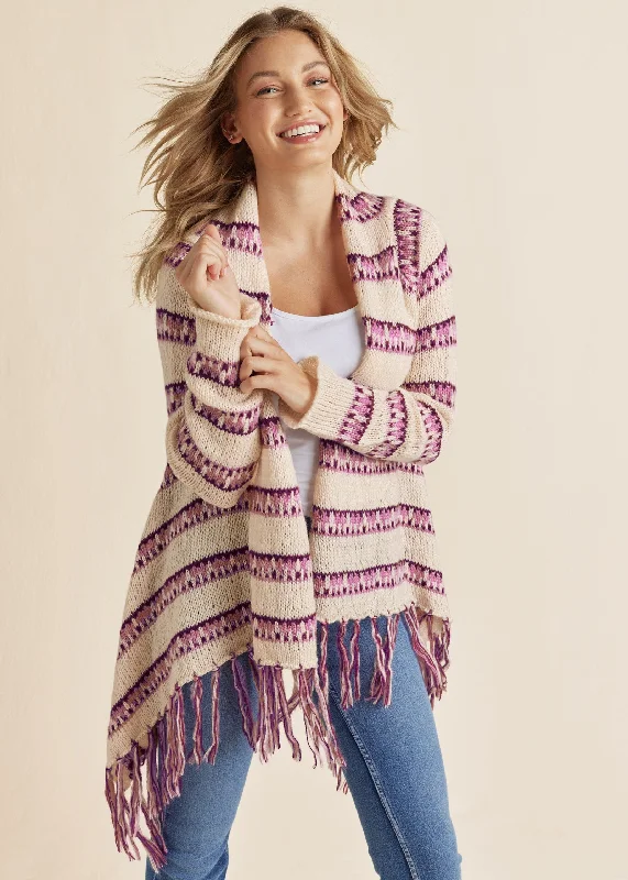 Stripe Fringe Cardigan - Beige Multi Spring Fashion